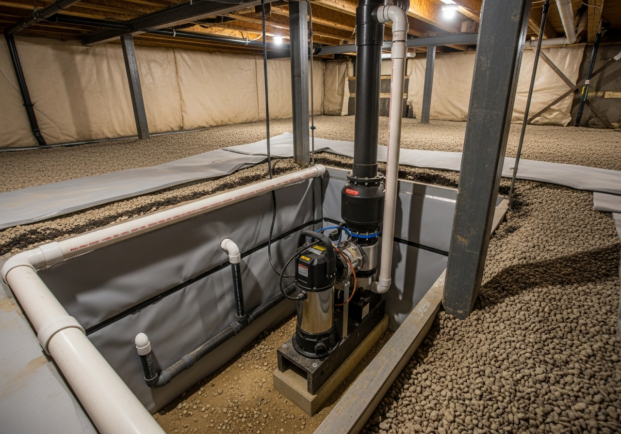 Groundworks crawl space drainage pump installation