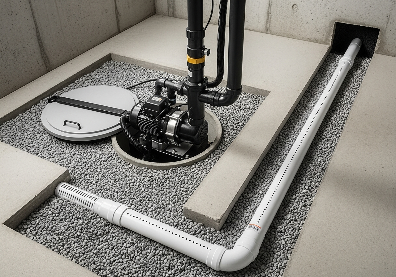 Groundworks basement waterproofing sump pump system